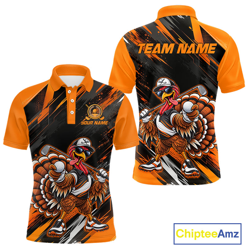 Custom Turkey Men Golf Polo Shirt, Funny Thanksgiving Golf Shirt, Orange Black Golf Team Apparel NHT1407