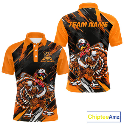 Custom Turkey Men Golf Polo Shirt, Funny Thanksgiving Golf Shirt, Orange Black Golf Team Apparel NHT1407