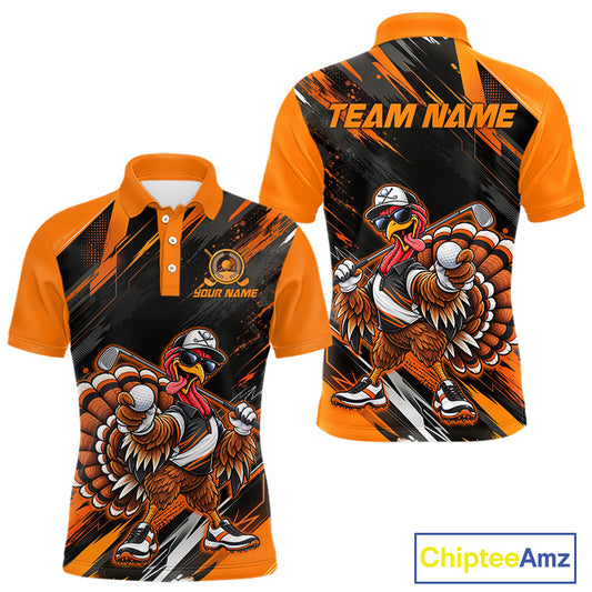 Custom Turkey Men Golf Polo Shirt, Funny Thanksgiving Golf Shirt, Orange Black Golf Team Apparel NHT1407