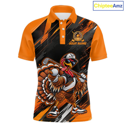 Custom Turkey Men Golf Polo Shirt, Funny Thanksgiving Golf Shirt, Orange Black Golf Team Apparel NHT1407