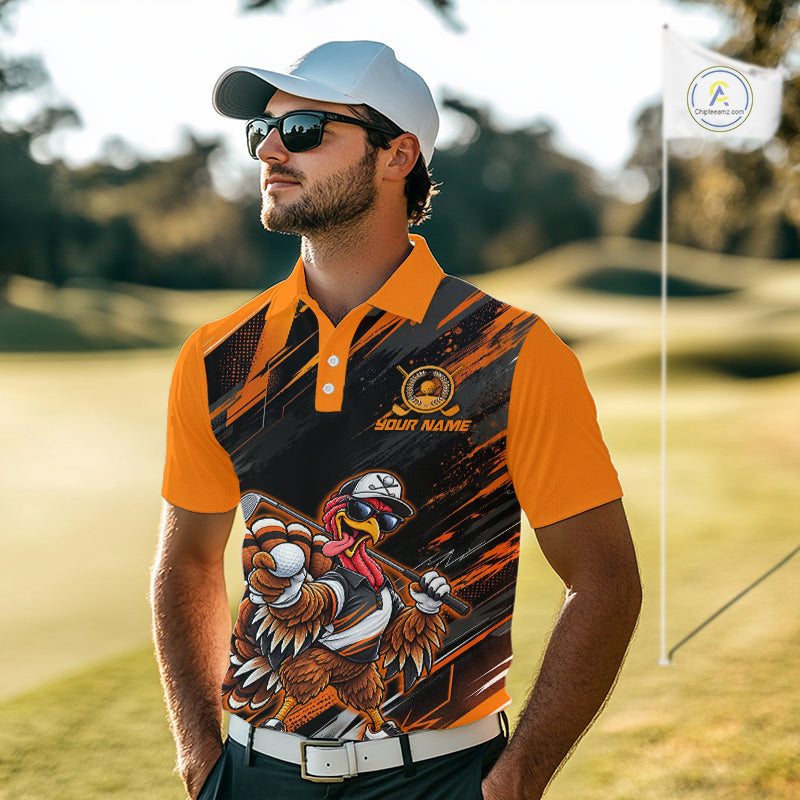 Custom Turkey Men Golf Polo Shirt, Funny Thanksgiving Golf Shirt, Orange Black Golf Team Apparel NHT1407