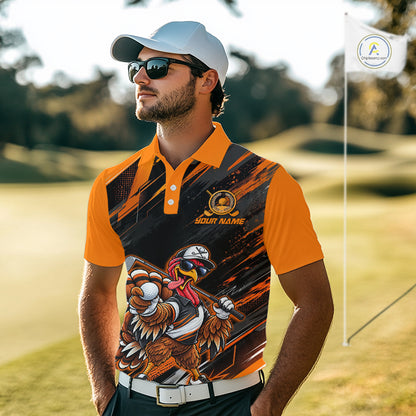 Custom Turkey Men Golf Polo Shirt, Funny Thanksgiving Golf Shirt, Orange Black Golf Team Apparel NHT1407