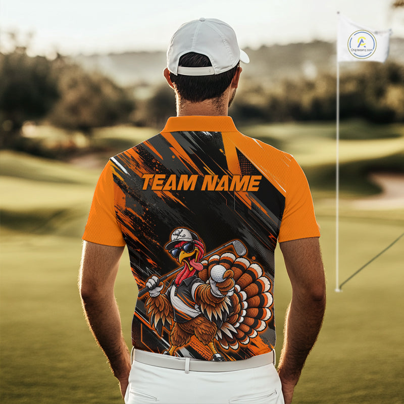 Custom Turkey Men Golf Polo Shirt, Funny Thanksgiving Golf Shirt, Orange Black Golf Team Apparel NHT1407
