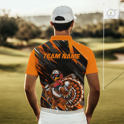 Custom Turkey Men Golf Polo Shirt, Funny Thanksgiving Golf Shirt, Orange Black Golf Team Apparel NHT1407
