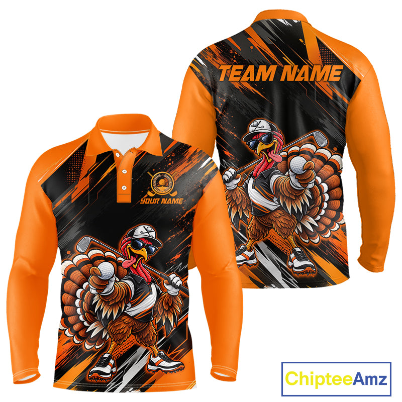 Custom Turkey Men Golf Polo Shirt, Funny Thanksgiving Golf Shirt, Orange Black Golf Team Apparel NHT1407