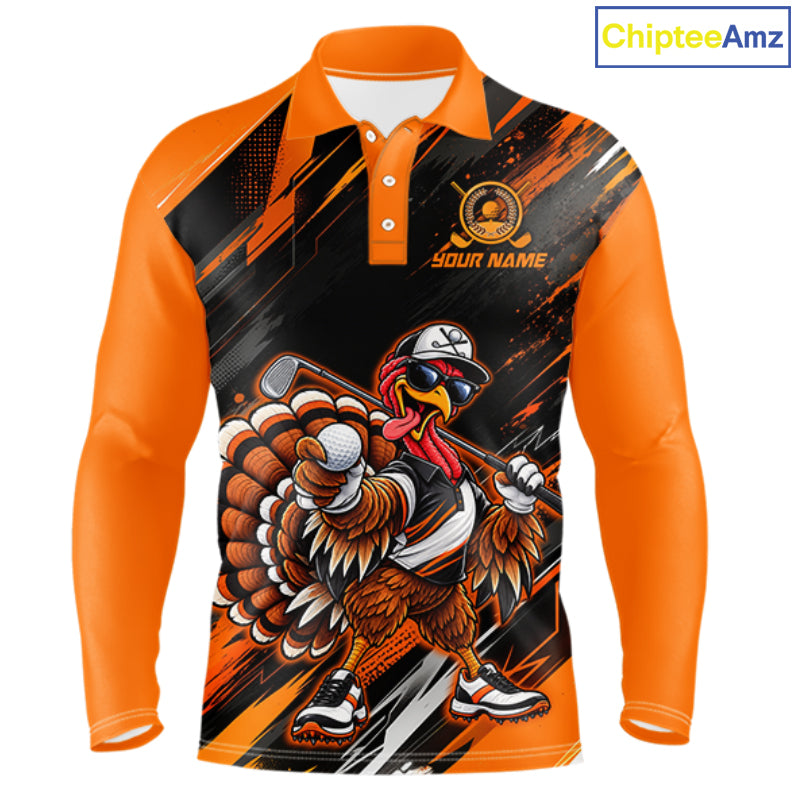 Custom Turkey Men Golf Polo Shirt, Funny Thanksgiving Golf Shirt, Orange Black Golf Team Apparel NHT1407