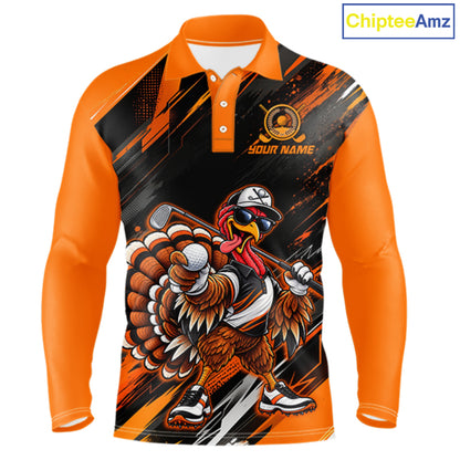 Custom Turkey Men Golf Polo Shirt, Funny Thanksgiving Golf Shirt, Orange Black Golf Team Apparel NHT1407