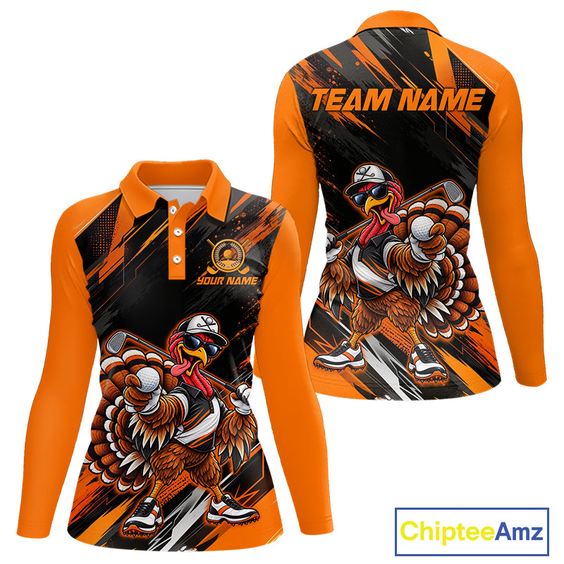 Custom Turkey Women Golf Polo Shirt, Funny Thanksgiving Golf Shirt, Orange Black Golf Team Apparel NHT1407