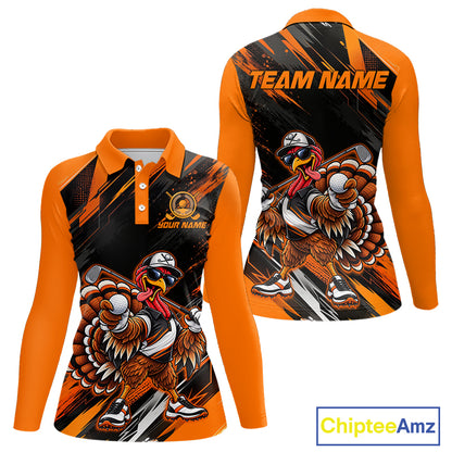 Custom Turkey Women Golf Polo Shirt, Funny Thanksgiving Golf Shirt, Orange Black Golf Team Apparel NHT1407