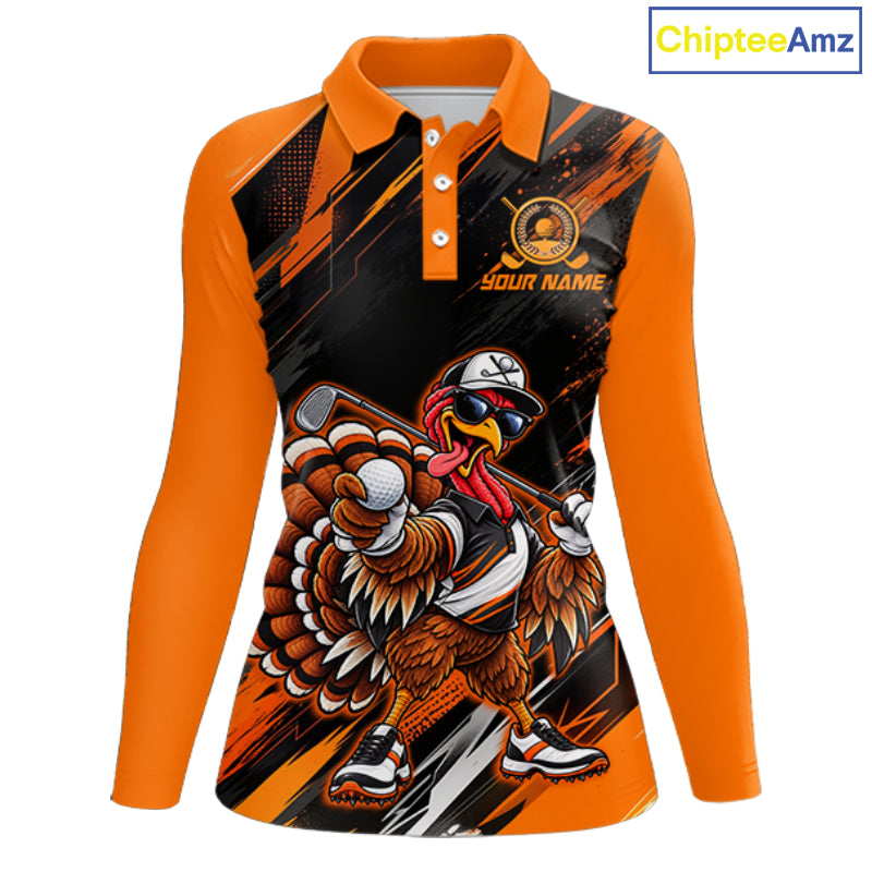 Custom Turkey Women Golf Polo Shirt, Funny Thanksgiving Golf Shirt, Orange Black Golf Team Apparel NHT1407