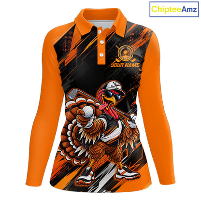 Custom Turkey Women Golf Polo Shirt, Funny Thanksgiving Golf Shirt, Orange Black Golf Team Apparel NHT1407