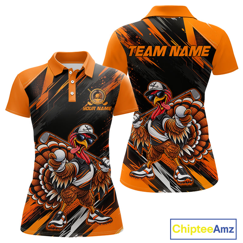 Custom Turkey Women Golf Polo Shirt, Funny Thanksgiving Golf Shirt, Orange Black Golf Team Apparel NHT1407
