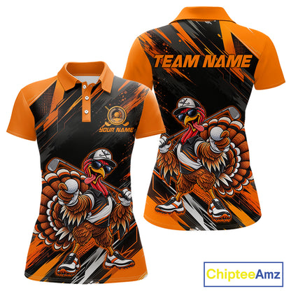 Custom Turkey Women Golf Polo Shirt, Funny Thanksgiving Golf Shirt, Orange Black Golf Team Apparel NHT1407