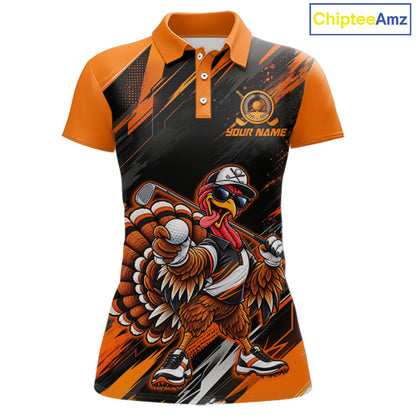 Custom Turkey Women Golf Polo Shirt, Funny Thanksgiving Golf Shirt, Orange Black Golf Team Apparel NHT1407