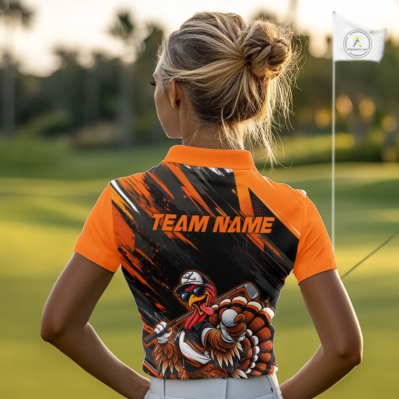 Custom Turkey Women Golf Polo Shirt, Funny Thanksgiving Golf Shirt, Orange Black Golf Team Apparel NHT1407