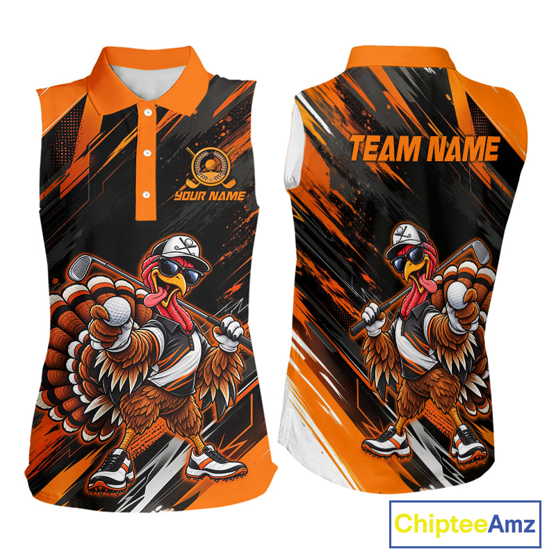 Custom Turkey Women Sleeveless Golf Polo Shirt, Funny Thanksgiving Golf Shirt, Orange Black Golf Team Apparel NHT1407