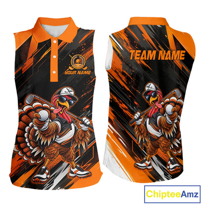 Custom Turkey Women Sleeveless Golf Polo Shirt, Funny Thanksgiving Golf Shirt, Orange Black Golf Team Apparel NHT1407
