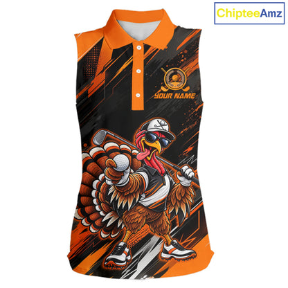 Custom Turkey Women Sleeveless Golf Polo Shirt, Funny Thanksgiving Golf Shirt, Orange Black Golf Team Apparel NHT1407