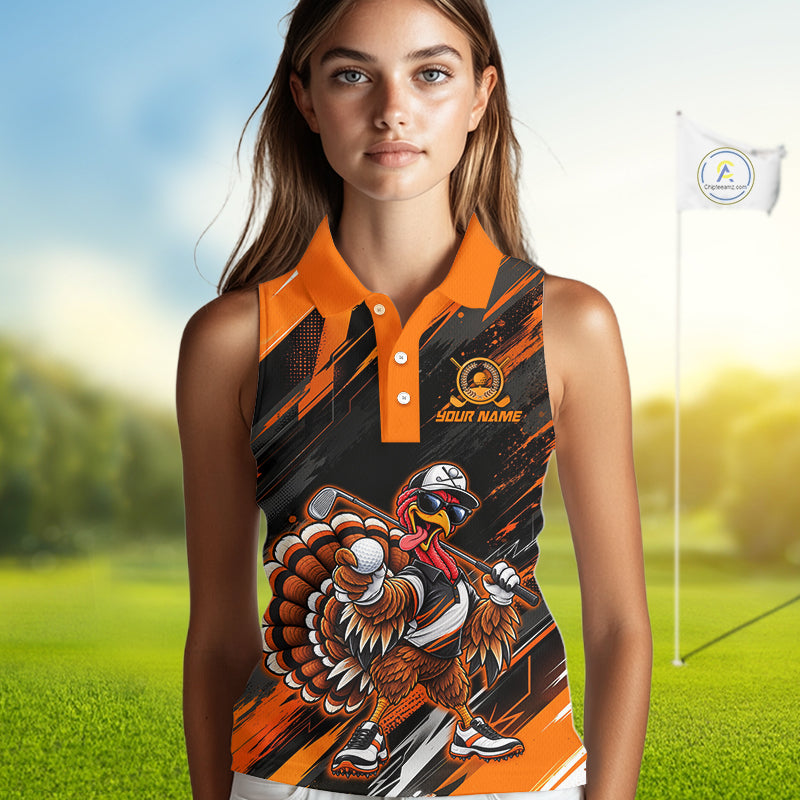 Custom Turkey Women Sleeveless Golf Polo Shirt, Funny Thanksgiving Golf Shirt, Orange Black Golf Team Apparel NHT1407