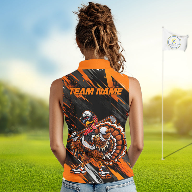 Custom Turkey Women Sleeveless Golf Polo Shirt, Funny Thanksgiving Golf Shirt, Orange Black Golf Team Apparel NHT1407
