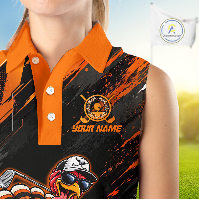 Custom Turkey Women Sleeveless Golf Polo Shirt, Funny Thanksgiving Golf Shirt, Orange Black Golf Team Apparel NHT1407