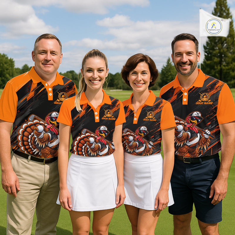 Custom Turkey Women Golf Polo Shirt, Funny Thanksgiving Golf Shirt, Orange Black Golf Team Apparel NHT1407