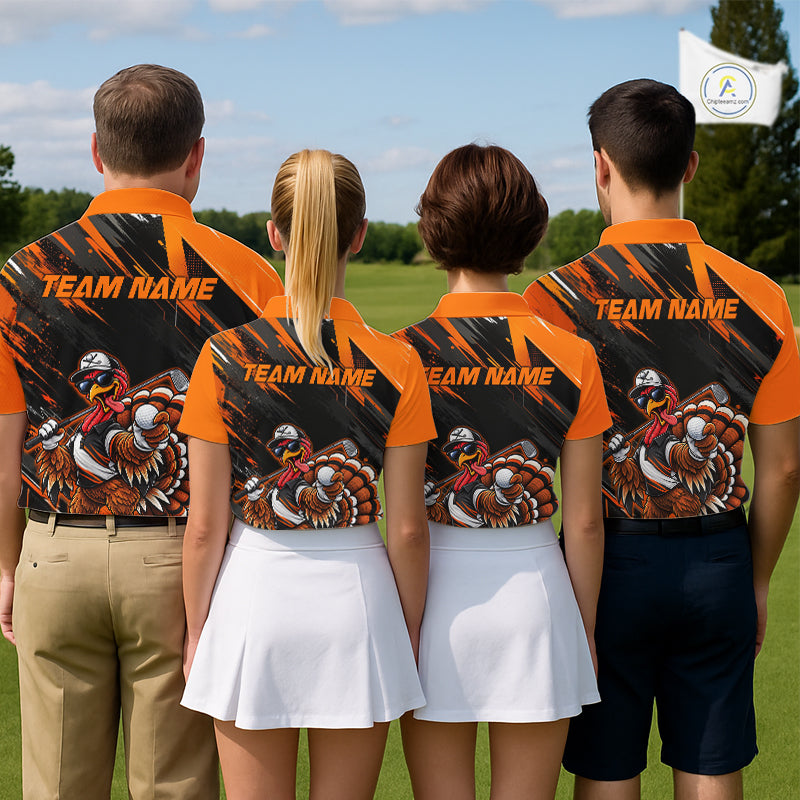 Custom Turkey Men Golf Polo Shirt, Funny Thanksgiving Golf Shirt, Orange Black Golf Team Apparel NHT1407