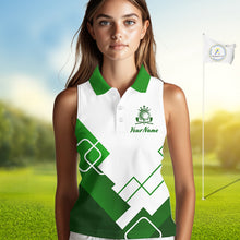 Load image into Gallery viewer, Personalized Polo Golf Shirts Custom For Golfer White And Green Womens Sleeveless Golf Shirts Team Golf Jersey NHT592
