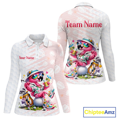 Funny Flamingo Golf Shirt With Pattern Pink Tropical – Personalized Name & Team Custom Polo For Womens NHT597