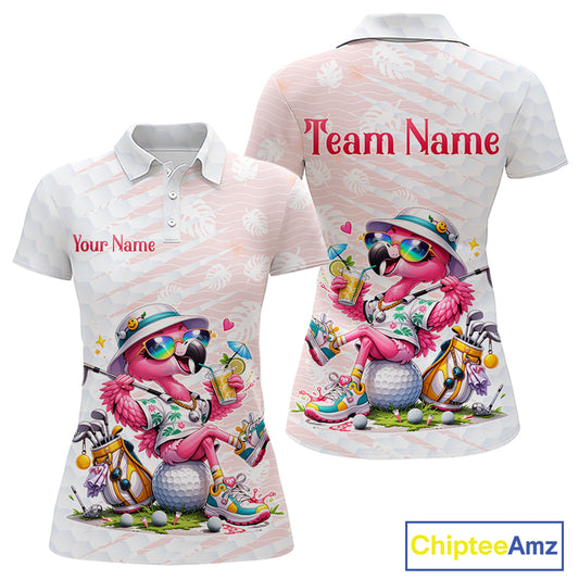 Funny Flamingo Golf Shirt With Pattern Pink Tropical – Personalized Name & Team Custom Polo For Womens NHT597