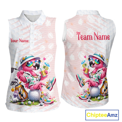 Funny Flamingo Womens Sleeveless Golf Shirt With Pattern Pink Tropical – Personalized Name & Team Custom Polo NHT597