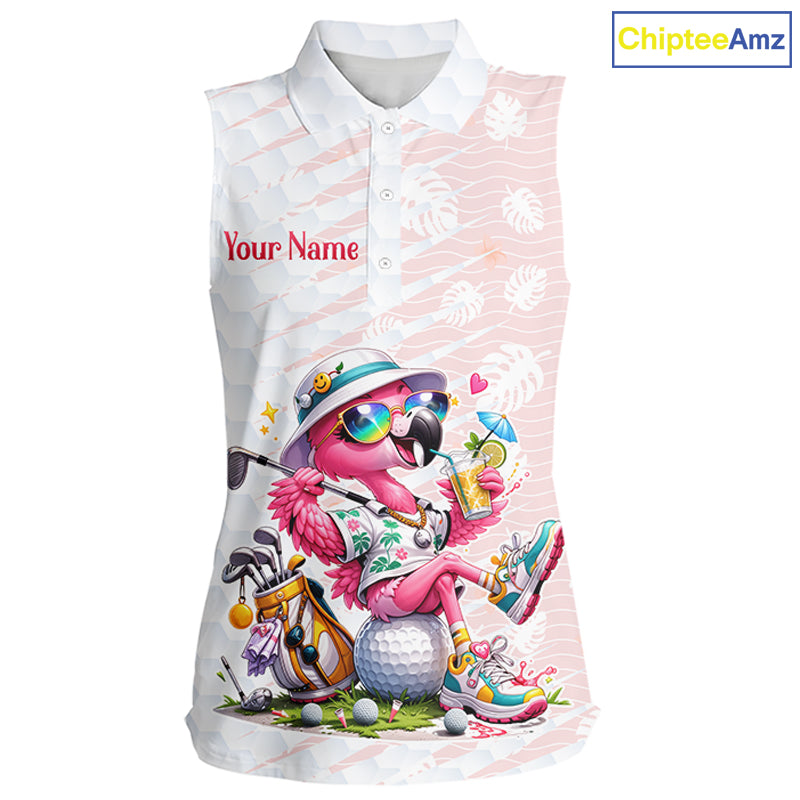 Funny Flamingo Womens Sleeveless Golf Shirt With Pattern Pink Tropical – Personalized Name & Team Custom Polo NHT597