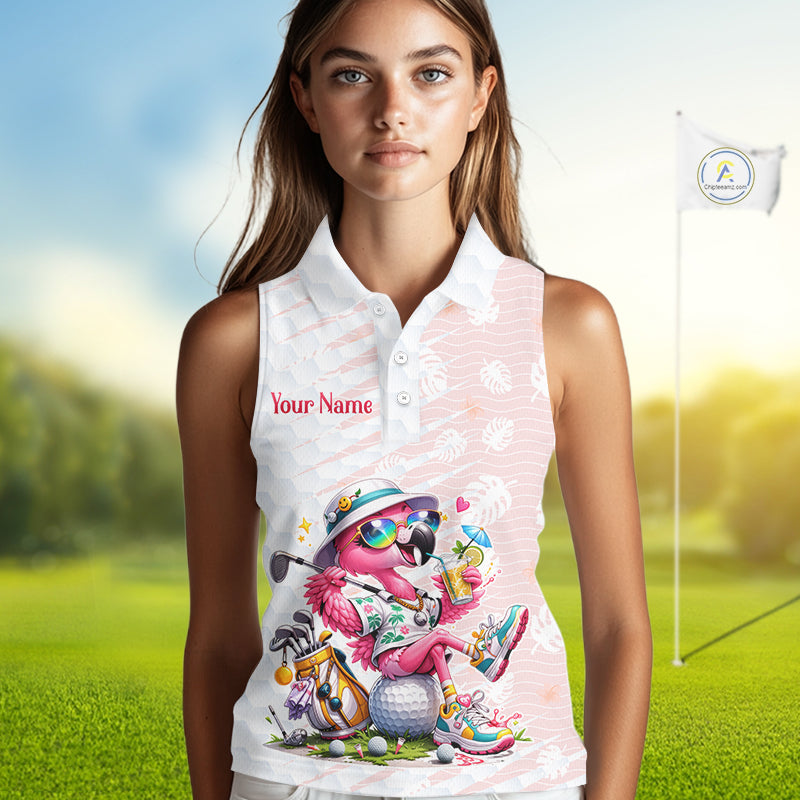 Funny Flamingo Womens Sleeveless Golf Shirt With Pattern Pink Tropical – Personalized Name & Team Custom Polo NHT597