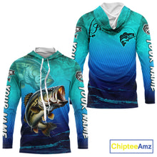 Load image into Gallery viewer, Teal and blue fishing-themed hoodie with a large mouth bass design on a white background.