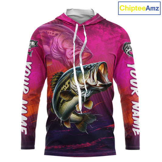 Custom Name Hot Pink Bass Fishing Jersey - Personalized 3D Long Sleeve Hooded Fishing Shirt For Men