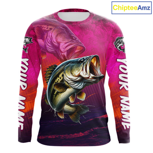 Custom Name Hot Pink Bass Fishing Jersey - Personalized 3D Long Sleeve Fishing Shirt For Men