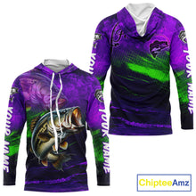 Load image into Gallery viewer, Custom Name Purple Lime Bass Fishing Jersey - Personalized 3D Long Sleeve Hooded Fishing Shirt For Men