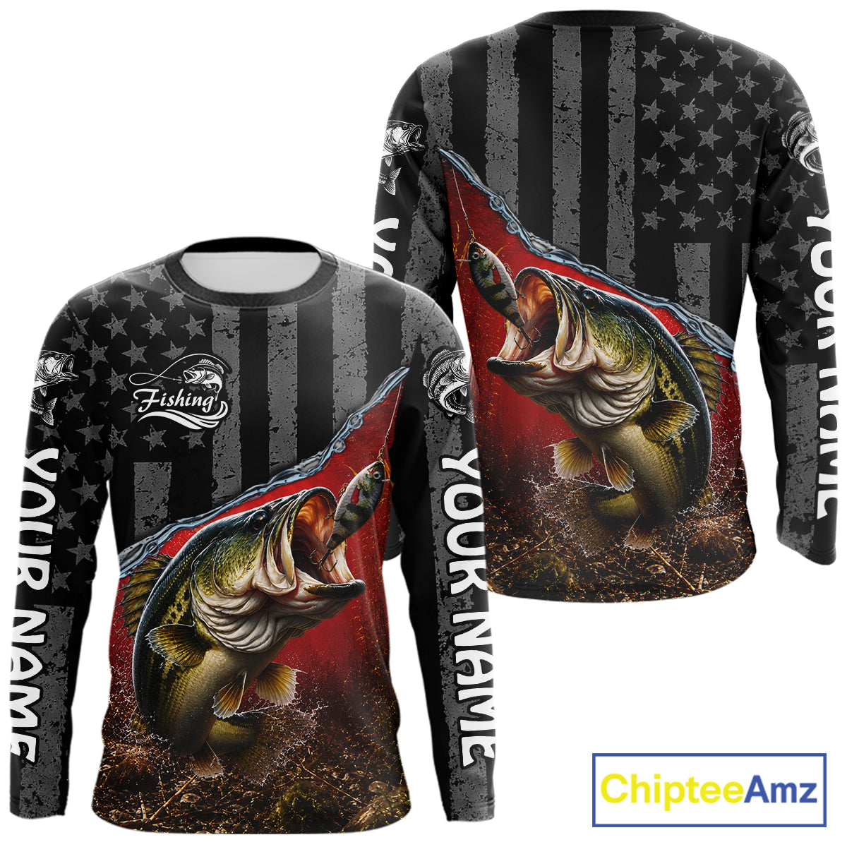 Gray Red Bass Custom Long Sleeve Fishing Shirts, Bass Fishing Jerseys