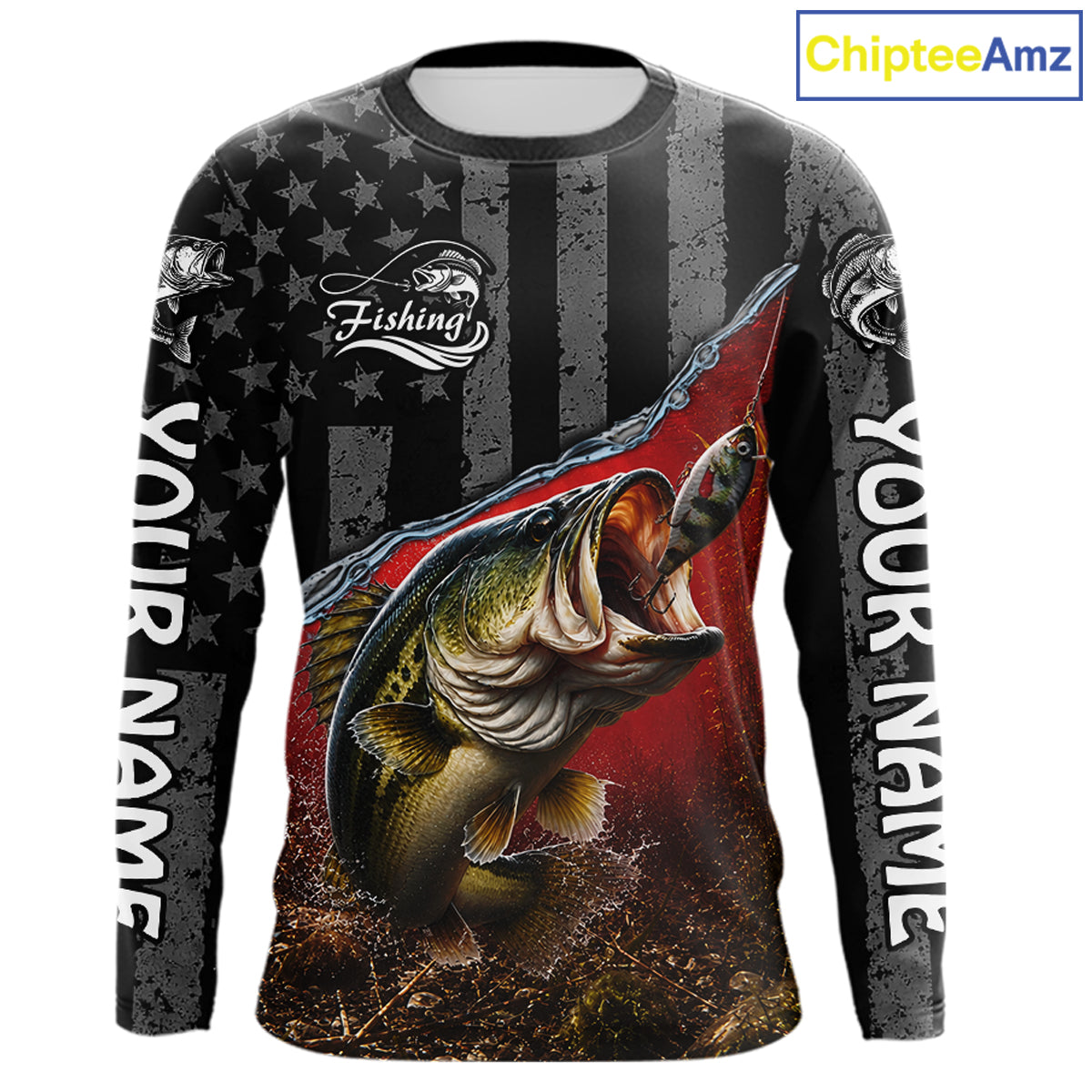 Gray Red Bass Custom Long Sleeve Fishing Shirts, Bass Fishing Jerseys