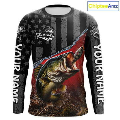 Gray Red Bass Custom Long Sleeve Fishing Shirts, Bass Fishing Jerseys