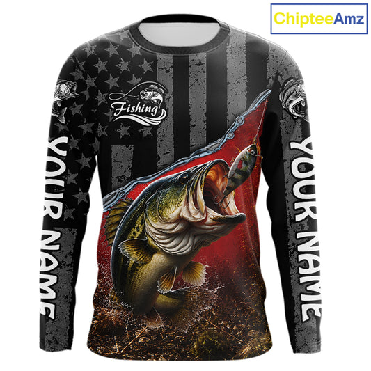 Gray Red Bass Custom Long Sleeve Fishing Shirts, Bass Fishing Jerseys