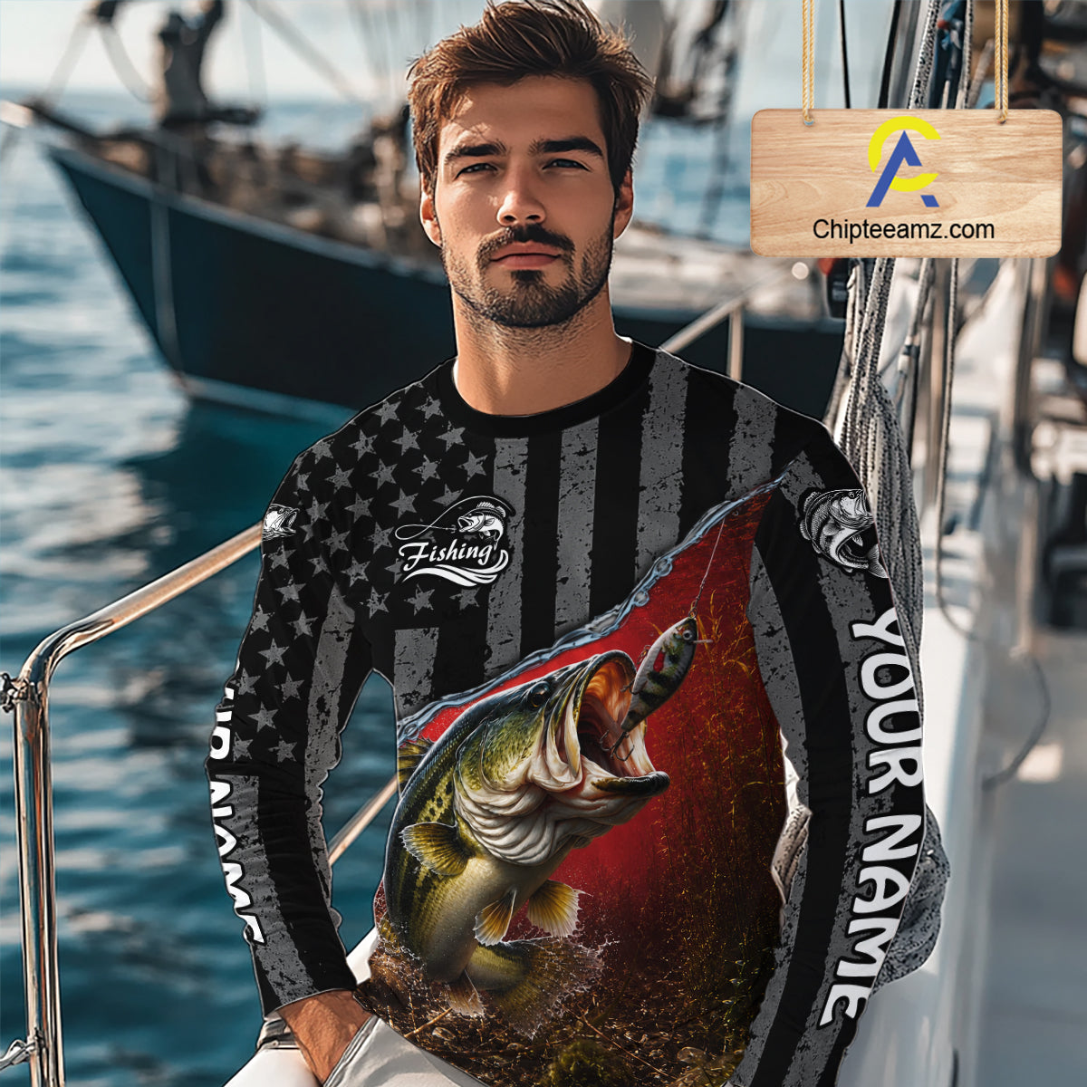 Gray Red Bass Custom Long Sleeve Fishing Shirts, American Flag Patriotic Bass Fishing Jerseys NHT972