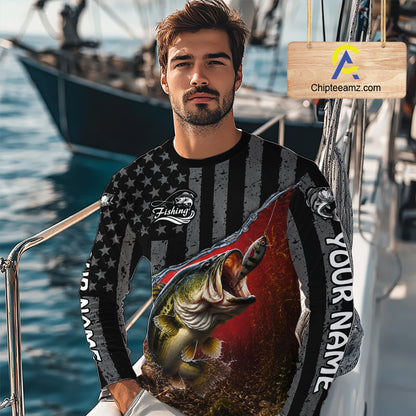 Gray Red Bass Custom Long Sleeve Fishing Shirts, American Flag Patriotic Bass Fishing Jerseys NHT972