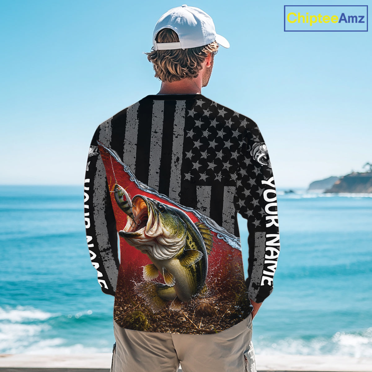 Gray Red Bass Custom Long Sleeve Fishing Shirts, American Flag Patriotic Bass Fishing Jerseys NHT972