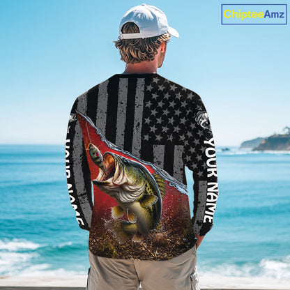 Gray Red Bass Custom Long Sleeve Fishing Shirts, American Flag Patriotic Bass Fishing Jerseys NHT972