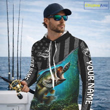 Load image into Gallery viewer, Gray Blue Bass Custom Long Sleeve Hooded Fishing Shirt, American Flag Patriotic Bass Fishing Jerseys NHT973