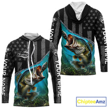 Load image into Gallery viewer, Gray Blue Bass Custom Long Sleeve Hooded Fishing Shirts, Bass Fishing Jerseys