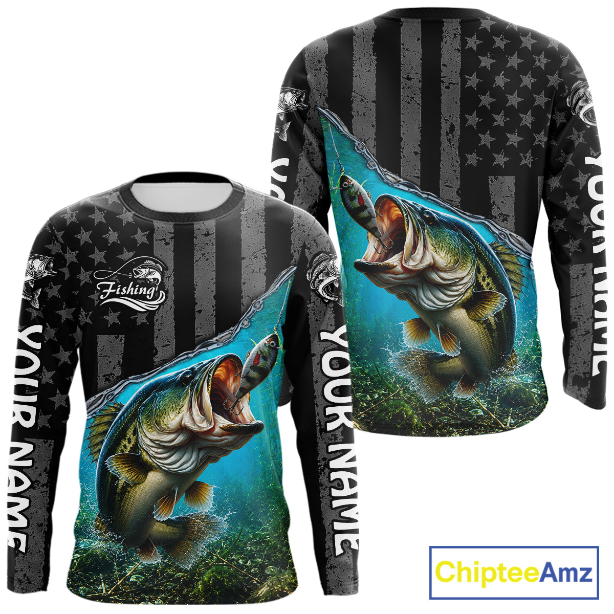 Gray Blue Bass Custom Long Sleeve Fishing Shirts, Bass Fishing Jerseys