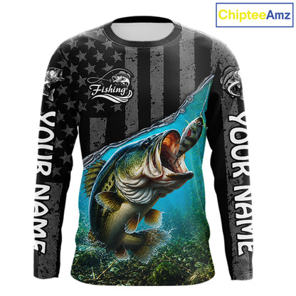 Gray Blue Bass Custom Long Sleeve Fishing Shirts, Bass Fishing Jerseys