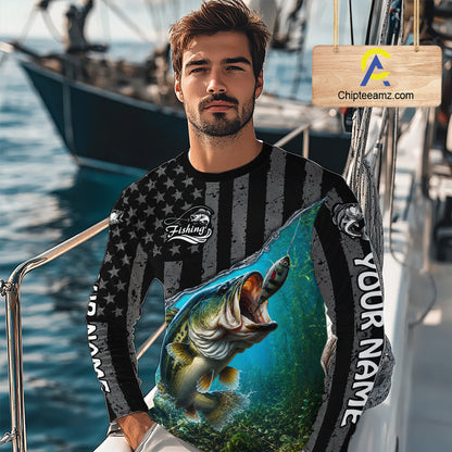 Gray Blue Bass Custom Long Sleeve Fishing Shirt, American Flag Patriotic Bass Fishing Jerseys NHT973